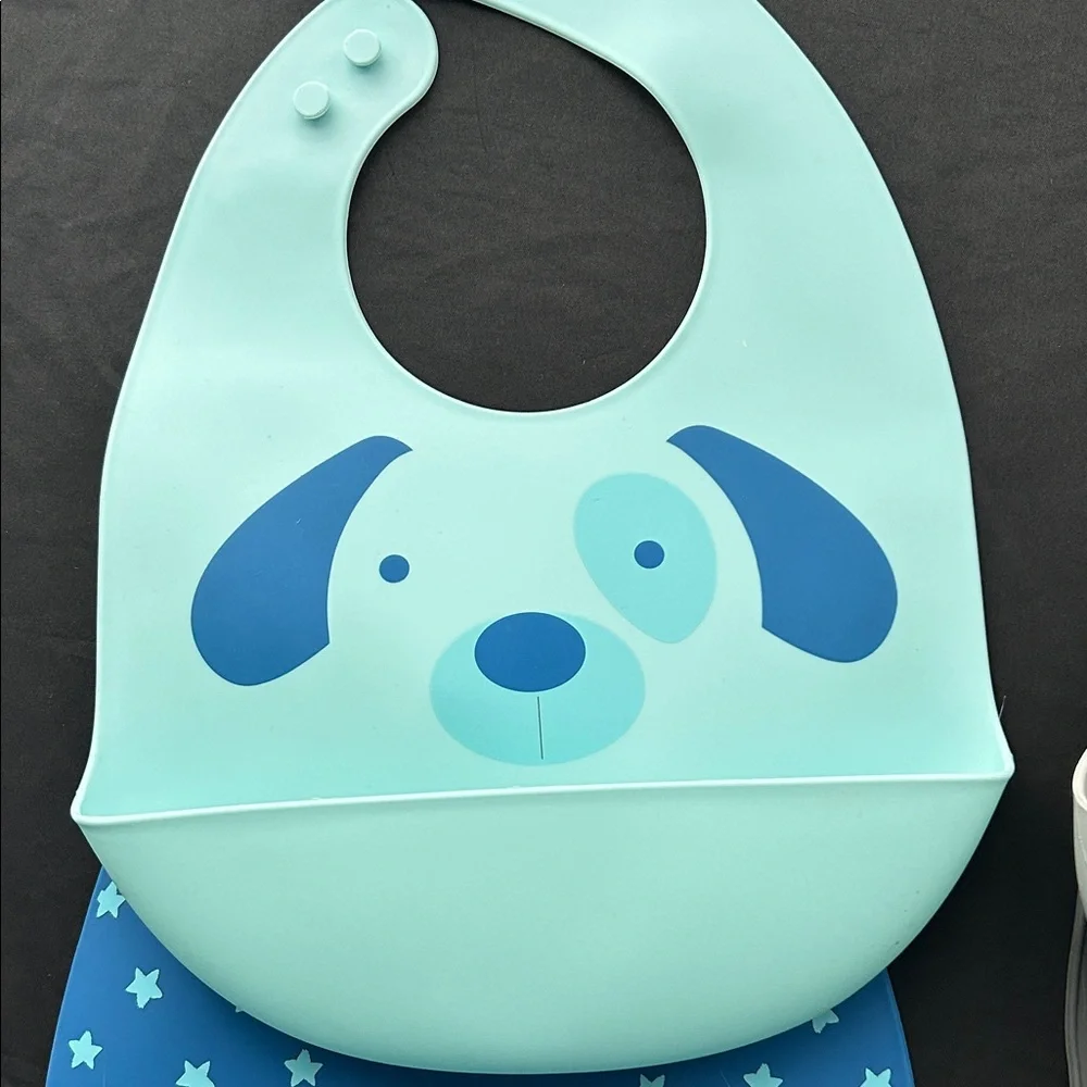 Silicone Baby Bibs Set - Mint, Blue & Gray - Soft Waterproof Pocket Bibs